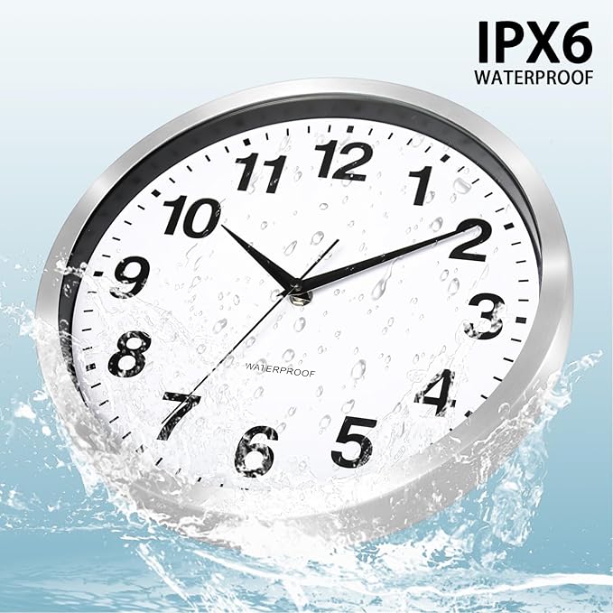 Caysie 12 Inch Sealed Indoor Outdoor Clocks Waterproof, Silent Battery Operated Quartz Metal Wall Clock for Patio Pool Bathroom Home (Silver)