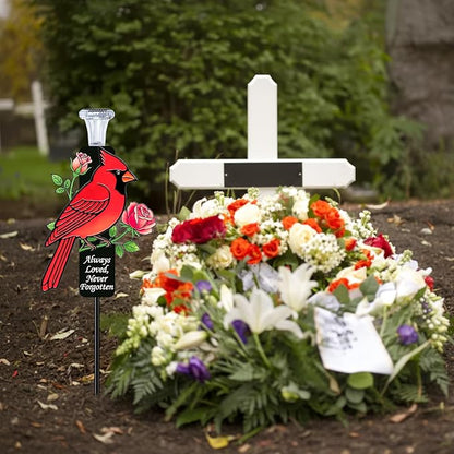 Solar Cardinal Memorial Stakes for Graves - Metal Cemetery Decorations with LED Light, Sympathy Gift for Loss of Mother Mom Grandma, Garden Grave Markers (Red Cardinal)