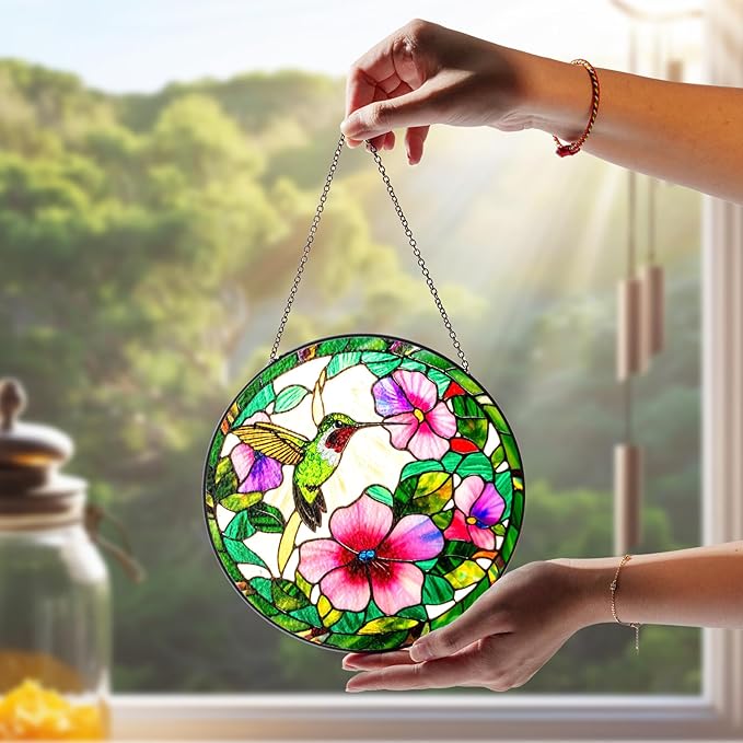7.8" Hummingbird Stained Glass Suncatcher, Bird Suncatcher for Window Hanging, Art Decor for Home Garden Housewarming, Gift for Mom, Grandma, Women, Friend, Bird Lover BIRD-31B-SG8