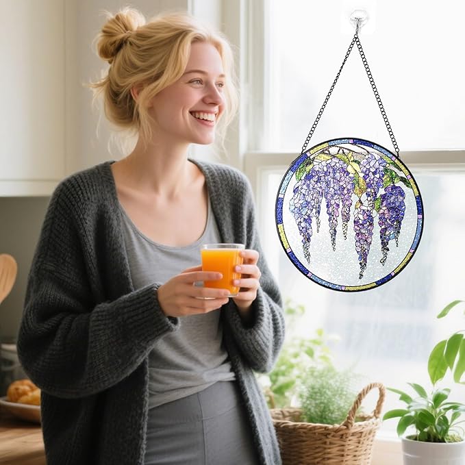 Stained Glass Suncatchers Window Hanging, Wisteria Flower Sun Catchers Indoor Window Stained Glass Hanging Garden Decor, Birthday Gifts for Mom Grandma Aunt Sister Bestie 7.8 in