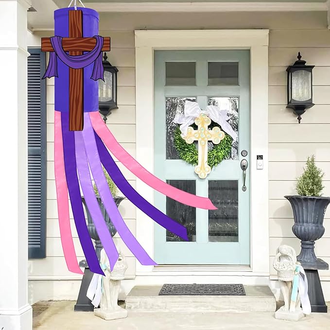 40 Inches Easter Christian Cross Windsock Decorations, Hanging Outdoor Religious Decor with Purple Streamers and Wooden Cross Design, Inspirational Wind Sock Ornament for Church, Outside Garden Yard