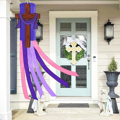 40 Inches Easter Christian Cross Windsock Decorations, Hanging Outdoor Religious Decor with Purple Streamers and Wooden Cross Design, Inspirational Wind Sock Ornament for Church, Outside Garden Yard