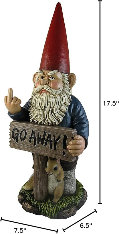 DWK Take A Hike Defiant Go Away Resin Garden Gnome Un-Welcome Sign - Red Hat Grumpy Rude Gesture Porch Statue - Standing 17.5 Inches Tall - Giving a One-Finger Salute