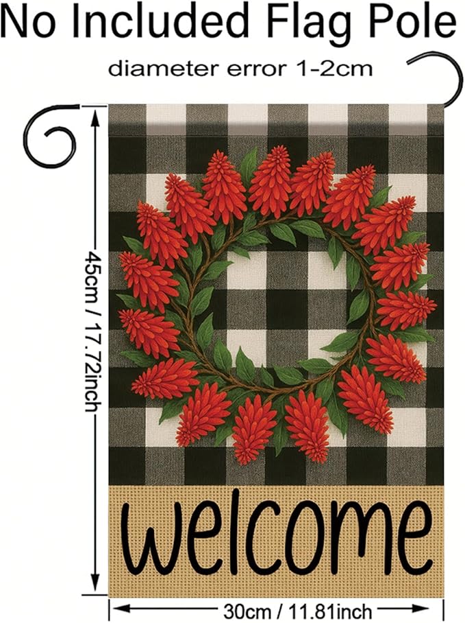 Welcome Spring Summer Garden Flags for Outside 12x18 Double Sided Buffalo Plaid Wreath Red Pinecone Flower Seasonal Sign Small Yard Flag Farmhouse Holiday Outdoor Decor