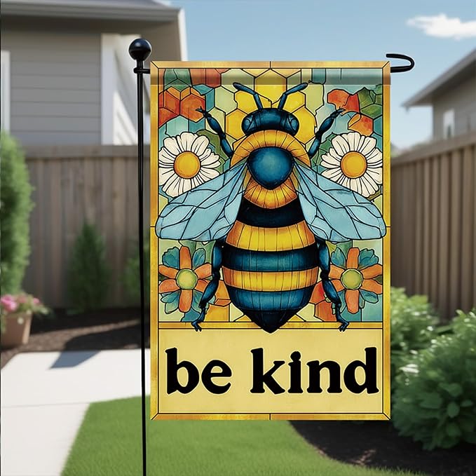 Spring Summer Garden Flag 12x18 Inch Be Kind Bee Stained Glass Floral Art Design Outdoor Yard Porch Lawn Garden for Seasonal Farmhouse Cottage Home Decor