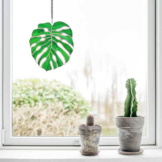 Tuitessine Monstera Stained Glass Suncatcher Window Decor,Tropical Leaf Hanging Ornament 7.5 x 6.5, Handmade Glass Panel for Home & Garden,Unique Birthday Gift for Plant Lovers