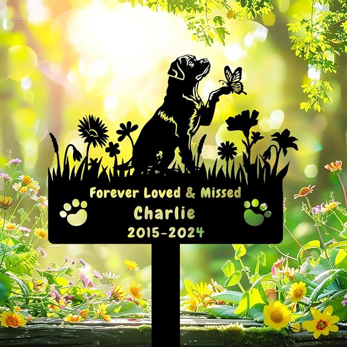 Custom Rottweiler Dog Memorial Grave Marker,Personalized Metal Flora Dog Memorial Stake,Dog Memorial Plaque Burial Stake Engraved Sign,Sympathy Grave Stake for Lost Dog,Dog Headstone