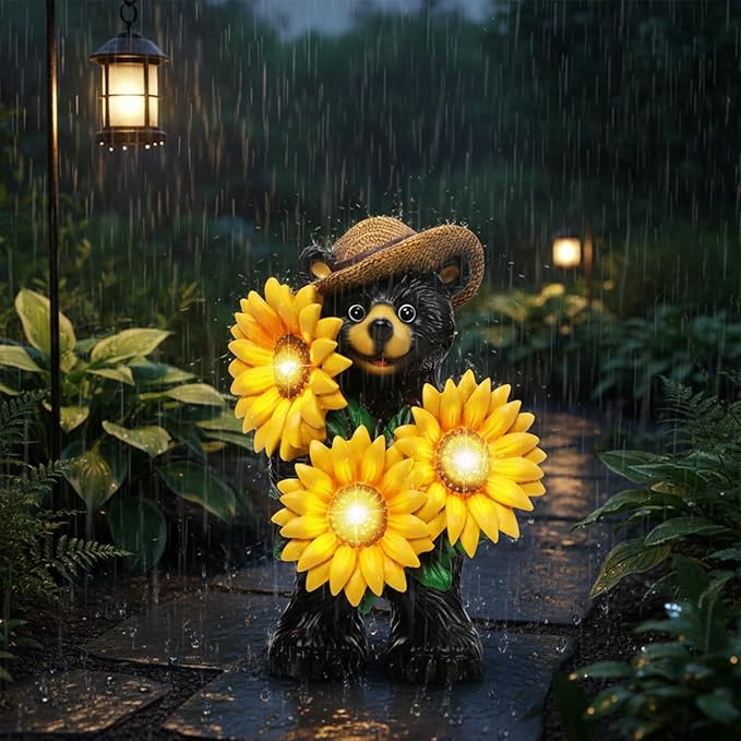 Bear Statue with Sunflowers LED Light 7.2" Solar Lamp Outdoor Garden Patio Yard Porch Lawn Decor Waterproof Resin Black Bear Figurine Unique Garden Gifts for Women Mom Grandma Sister