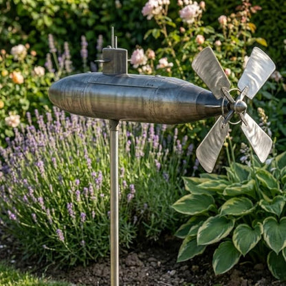 Submarine Wind Spinner, Outdoor Garden Windmill for Yard, Rotating Metal Wind Sculpture with Blades, Motion Art Propeller Spinner, Patio Lawn Decor