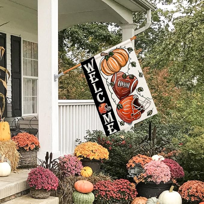Fall Football Welcome House Flags 28x40 Inch Double Sided, Pumpkin Autumn Sports Game Day Sign Thanksgiving Seasonal Yard Outside Decor DF330-28