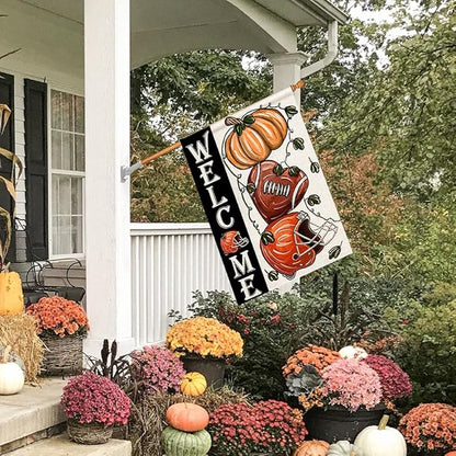 Fall Football Welcome House Flags 28x40 Inch Double Sided, Pumpkin Autumn Sports Game Day Sign Thanksgiving Seasonal Yard Outside Decor DF330-28
