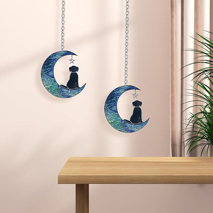 Dog Decor Stained Glass Moon Suncatchers Window Hanging, Wall Art Element Earth Tones Modern Design Home Garden Suncatcher, Dog Lovers for Halloween Decor