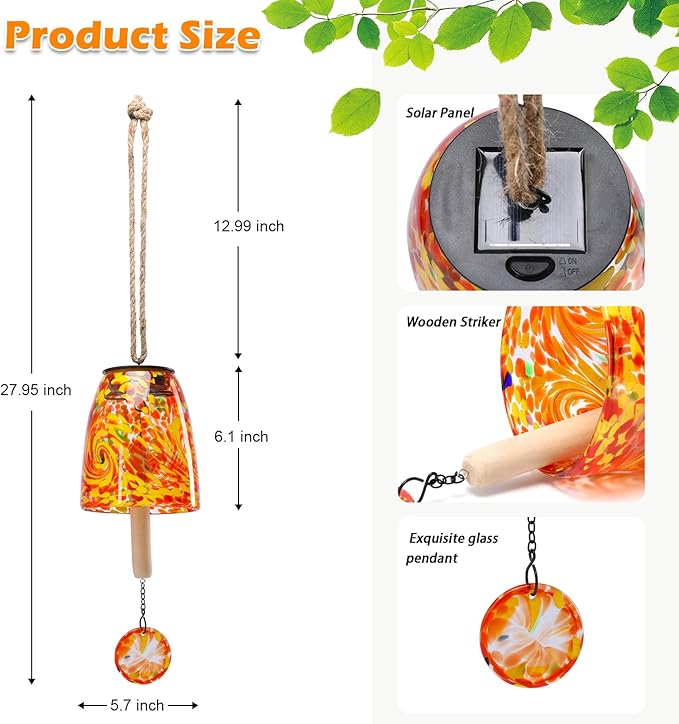 DREAM GARDEN Solar Wind Chimes for Outside, Glass Wind Chime Outdoor Colorful Windchimes with Solid Wood Striker Melody Wind Bell Unique Gifts for Mom Women Grandma, Orange