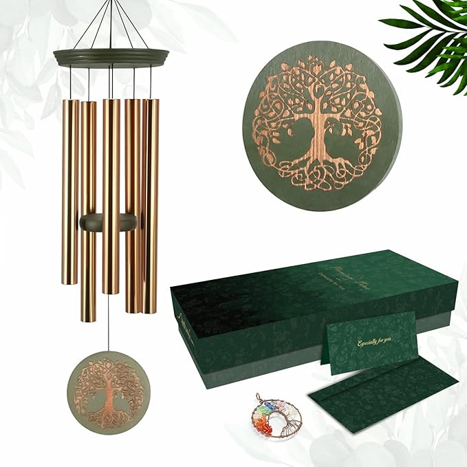 Gifts for Mom & Grandma - Outdoor Wind Chimes with Engraved Tree of Life, Large Patio Hanging Decor for Garden, Yard, Christmas, Anniversary Celebrations