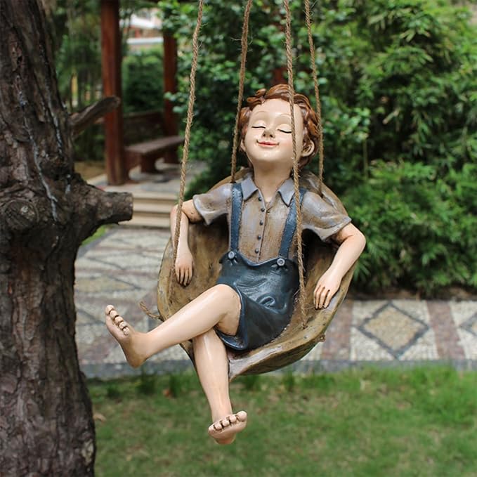 Swing Statue Tree Hanging Ornament Sleeping Boy Look Swinging Figurine Sculpture Decor for Outdoor Garden Courtyard