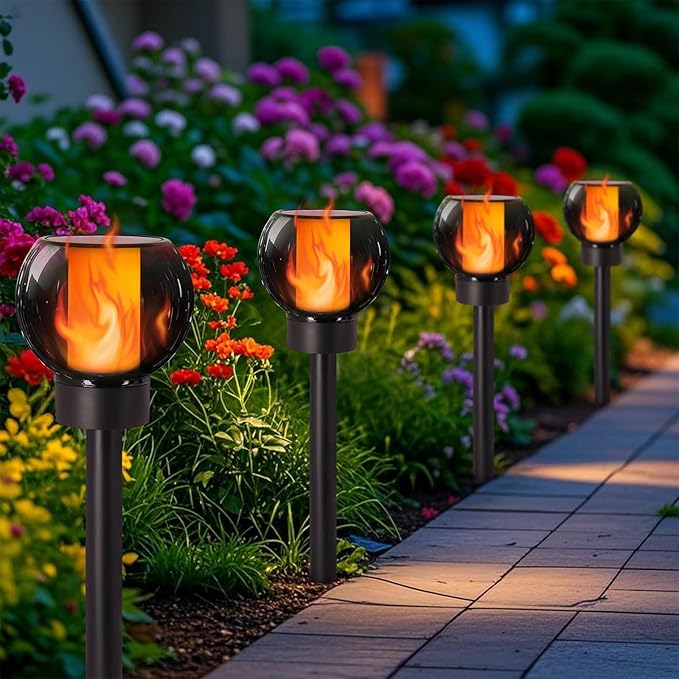 Dynaming 4 Pack Solar Torch Lights Outdoor, Flickering Flame Christmas Pathway Solar Globe Lights, Auto On/Off Garden Decorative Light, Waterproof for Landscape Lawn Patio Yard Walkway Deck Driveway