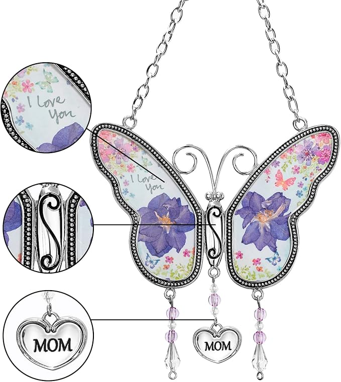 Butterfly Suncatcher with Pressed Flower Wings, Butterfly-Shaped Glass Wind Chimes with Real Flowers,Mother Heart Charm Wind Chime Gifts for Grandma Mother's Day