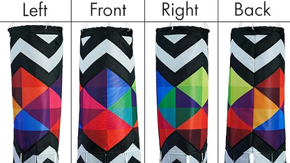 In the Breeze 5270 — Geometric Black & White 40-inch Illusion Windsock — Abstract Decor, Embroidered Details, Fully Printed Tails