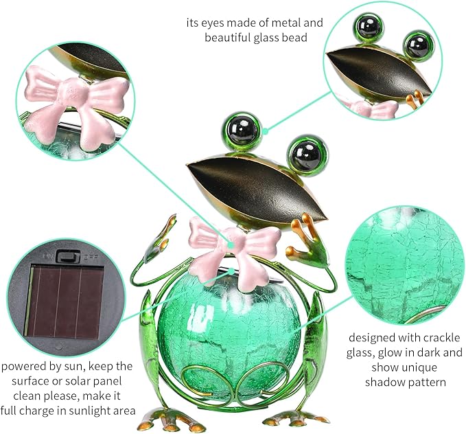 MUMTOP Frog Garden Decor, Frog Solar Lights Outdoor Decorative Waterproof with Crackle Glass Globe and Bowknot Yard Ornaments for Tabletop Garden Lawn Outside Porch Home Decorations