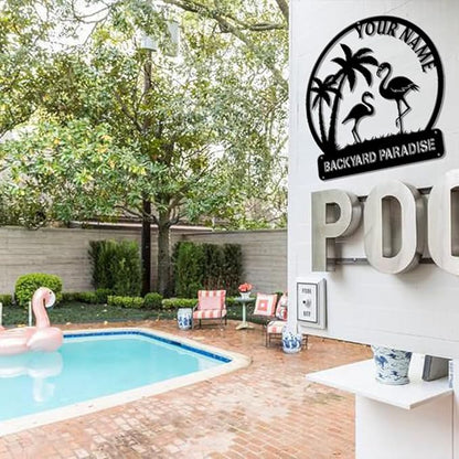MeMate Flamingo House Signs, Flamingo House Metal Sign, Personalized Name Outdoor Sign, Flamingo House Outdoor Décor for Porch Deck Backyard Patio Pool, Flamingo Metal Sign Housewarming Gift for Family Friend 05