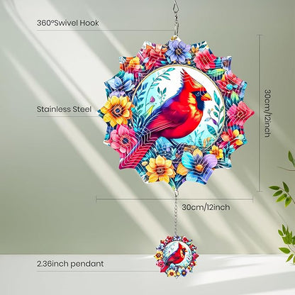 Wind Spinners Outdoor Cardinal bird, 12 inch Stainless Steel Hanging Kinetic for Yard, Garden, Outside, Patio, Outdoor - Wind Spinners Craft Decor Birthday Gifts for Women, Men, Mom and Lovers