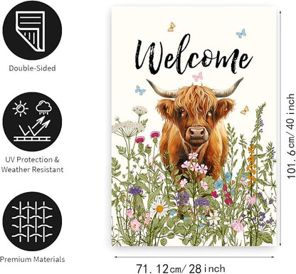 Floral Highland Cow Garden Flag Spring Summer House Flags 28x40 Double Sided Flower Funny Farmhouse Yard Flags for Outside Large Farm Outdoor Welcome Flags