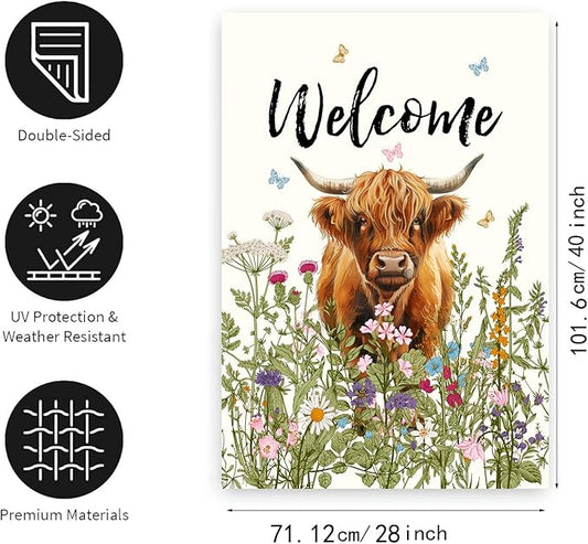 Floral Highland Cow Garden Flag Spring Summer House Flags 28x40 Double Sided Flower Funny Farmhouse Yard Flags for Outside Large Farm Outdoor Welcome Flags