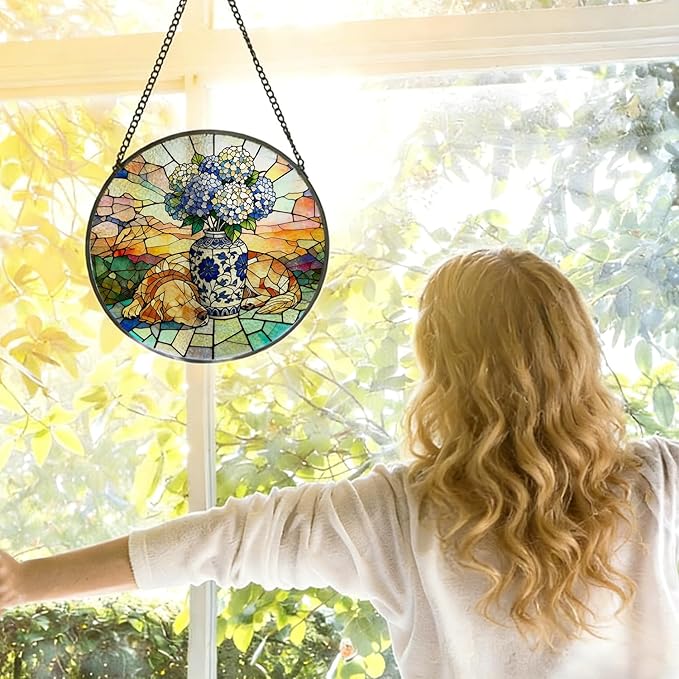 Chinoiserie Hydrangea Golden Retriever Stained Glass Window Hanging, Sleep Dog Flower Suncatcher Indoor Window Glass Round Wall Art Decor, 7.9x7.9 Inch