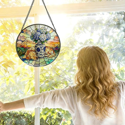 Chinoiserie Hydrangea Golden Retriever Stained Glass Window Hanging, Sleep Dog Flower Suncatcher Indoor Window Glass Round Wall Art Decor, 7.9x7.9 Inch