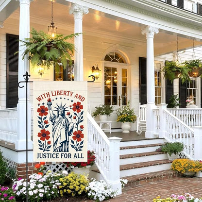 With Liberty and Justice for All Garden Flag, 12 x 18 Inch Double Sided Statue of Liberty Floral Outdoor Garden Patio Decor, Patriotic Yard Banner for Justice Advocate 4th of July Party Host