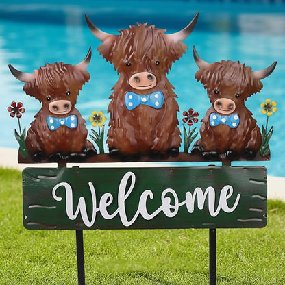 43.3inch Highland Cow Yard Stakes for Decorations Outdoor, Vintage Farmhouse Decorative Garden Stakes Large Metal Yard Art with Welcome Sign