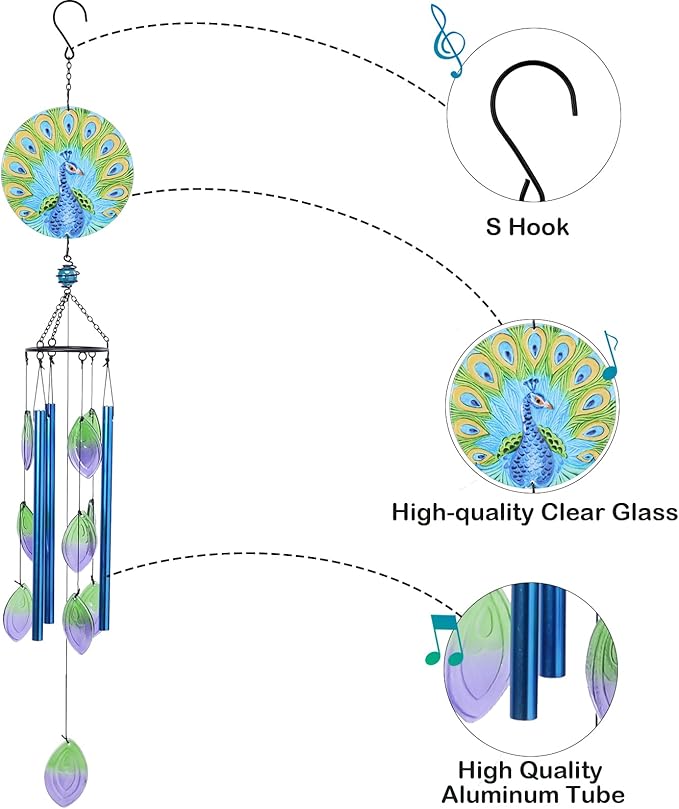 Taman Wind Chime - 38" Peacock Glass Wind Chimes Valentine's Day Gift for Outside Decorative Memorial Gift, Aluminum Tubes for Home, Outdoor, Yard, Patio,Garden Decor