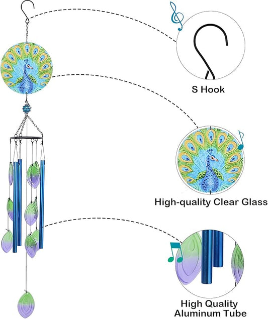 Taman Wind Chime - 38" Peacock Glass Wind Chimes Valentine's Day Gift for Outside Decorative Memorial Gift, Aluminum Tubes for Home, Outdoor, Yard, Patio,Garden Decor