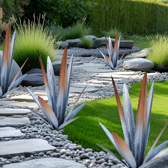2PCS Large Tequila Rustic Sculpture, Wind Resistant Metal Agave Plants Garden Art for Outdoor Home Decor, DIY Hand Painted Metal Agave Yard Sculpture Statue Garden Lawn Ornament Gift (2, Silver)