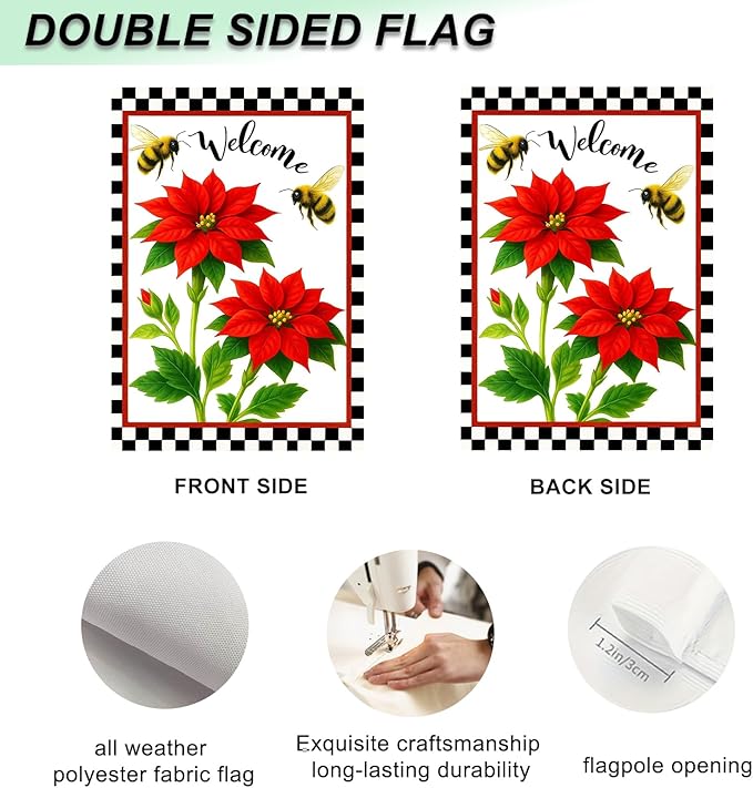 IVN Floral Welcome Garden Flag 12x18 Inch Double Sided Yard Flag Double Sided Bee Red Flowers Decorative Small Flags for Outside Seasonal Farmhouse Yard Outdoor Decoration Flags