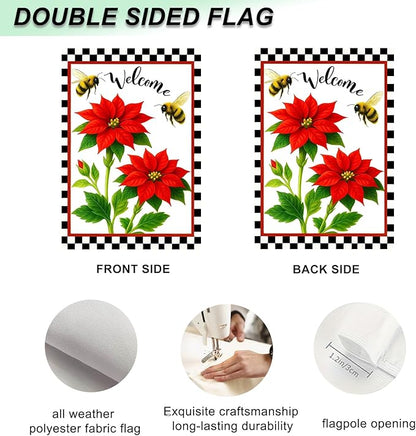 IVN Floral Welcome Garden Flag 12x18 Inch Double Sided Yard Flag Double Sided Bee Red Flowers Decorative Small Flags for Outside Seasonal Farmhouse Yard Outdoor Decoration Flags
