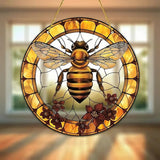 7.9inch Bee Suncatcher for Window Hanging,Floral Acrylic Suncatcher with Chain Window Decor for Home,Indoor, Garden, Housewarming Round Ornament, Gift for Women Friend
