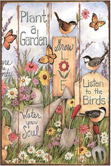 Funny Flowers Birds Metal Sign, Metal Country Rustic Tin Sign, Plant a Garden Water You Soul, Yard Sign Garage Farm Outside Garden Wall Decor Sign Plaque Outdoor for Home Fence 8 X 12 Inch