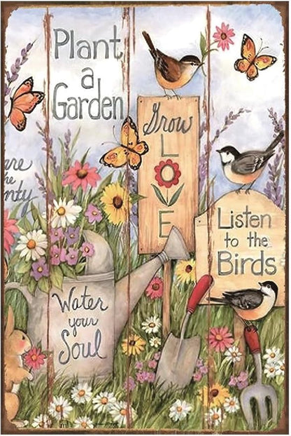 Funny Flowers Birds Metal Sign, Metal Country Rustic Tin Sign, Plant a Garden Water You Soul, Yard Sign Garage Farm Outside Garden Wall Decor Sign Plaque Outdoor for Home Fence 8 X 12 Inch