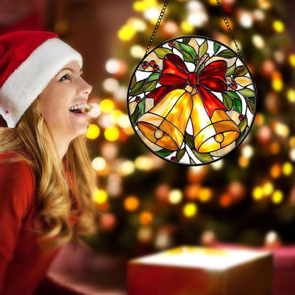 Golden Bell Stained Glass Suncather for Window Hanging, 6.3'' Christmas Ornament Gift for Women, Festive Wall Art Home Decoration Xmas Gift for Mom, Grandma (Golden Bell, 6.3'')
