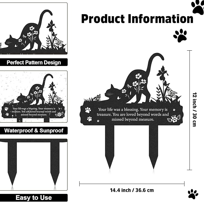 Rngmsi Grave Markers for Cemetery for Cat, Metal Grave Markers Yard Memorial Pet, Decorations for Cemetery for Loss of Cat Outdoors Garden Stake Decor (12 X 14.5 Inches)