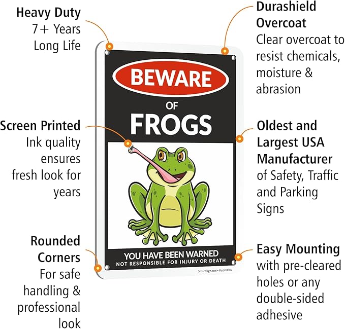 SmartSign Funny Beware Of Frogs Warning Sign - 10"x7", 40 mil Laminated Rust-free Aluminum - Metal Signs for Wall Decor, Outdoors, Patio, Gifts, Cafe - Frogs Theme, Made in USA