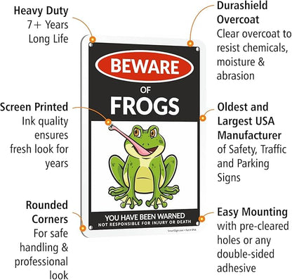 SmartSign Funny Beware Of Frogs Warning Sign - 10"x7", 40 mil Laminated Rust-free Aluminum - Metal Signs for Wall Decor, Outdoors, Patio, Gifts, Cafe - Frogs Theme, Made in USA