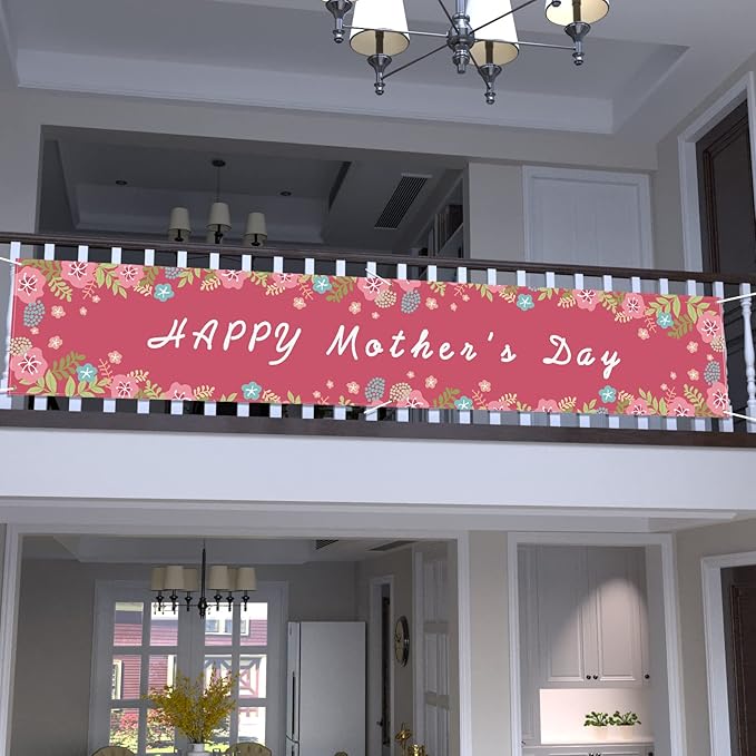 Probsin Large Happy Mother's Day Banner Decorations 120x20 Inch Mothers Day Yard Sign Holiday Hanging Outdoor Decor Pink Flowers Party Supplies for Indoor Outdoor Garden Fence Balcony Lawn Home Decor
