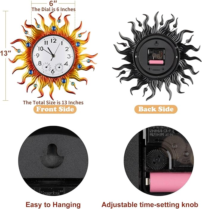 shumi Sun Outdoor Clock, Wall Clock with Temperature Waterproof, Silent Non-Ticking Outside Clocks for Patio Garden Pool Living Room Home