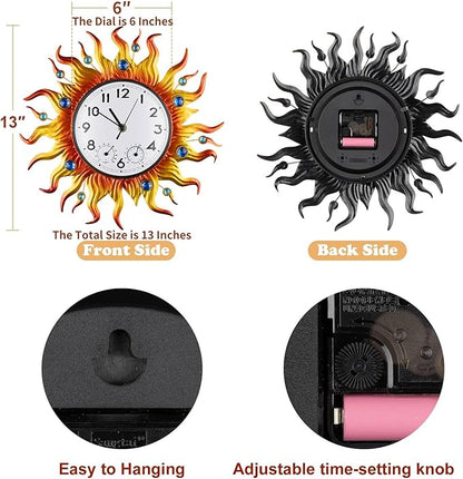 shumi Sun Outdoor Clock, Wall Clock with Temperature Waterproof, Silent Non-Ticking Outside Clocks for Patio Garden Pool Living Room Home
