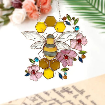 Honeybee with Flowers Ornaments Bee Handmade Stained Glass Window Hanging Suncatcher for Indoor/Outdoor Window Garden Home Kitchen Decor Gift for Women Teacher Bee Lover