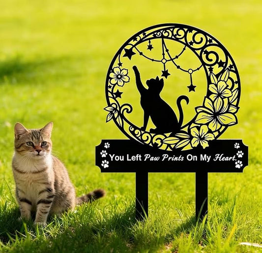 Cat Grave Marker Memorial ,Cat Headstone,Metal Pet Grave Decorations for Cemetery,Cat Memorial Gifts with Garden Cat Silhouette,Waterproof Pet Headstone Memorial for Yard, Garden or Indoor Memorial