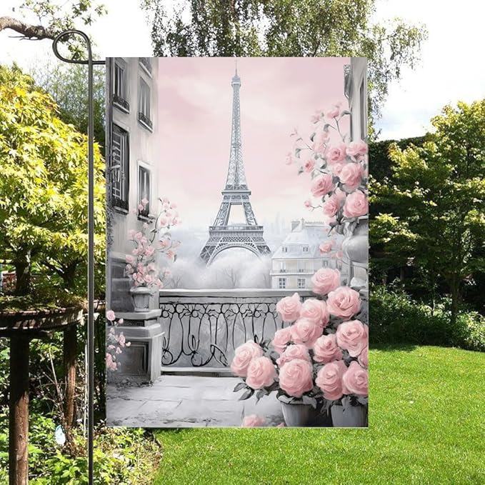 Gkyygk Eiffel Tower Pink Roses Paris Welcome Garden Flag 12x18 Inch Banners Vertical Double Sided Small Yard Flag Burlap Farmhouse Outdoor Lawn Patio Decor