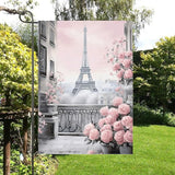 Gkyygk Eiffel Tower Pink Roses Paris Welcome Garden Flag 12x18 Inch Banners Vertical Double Sided Small Yard Flag Burlap Farmhouse Outdoor Lawn Patio Decor